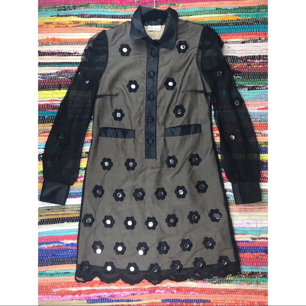 Red Valentino Embroidered Floral Black Shift Dress